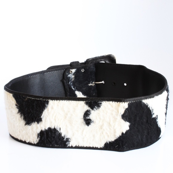Vintage Norma Kamali OMO Cow Print Wide Belt Black White Faux Fur Leather 90s main image 7